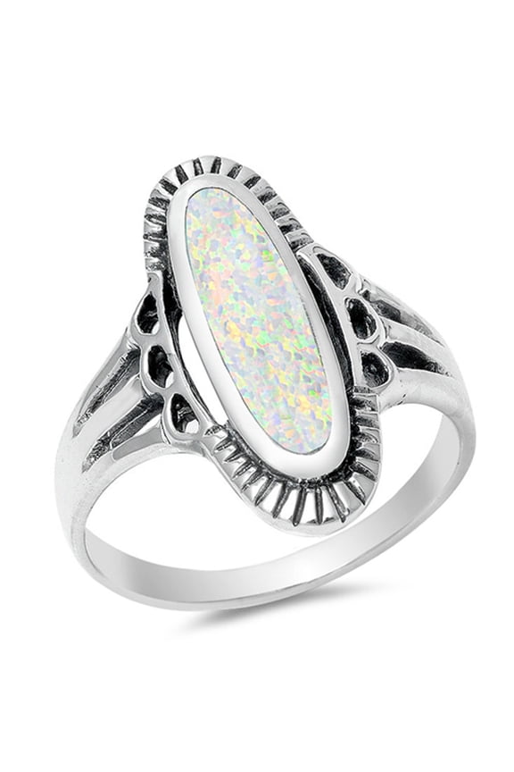 CHOOSE YOUR COLOR Long Wide White Simulated Opal Oval Ring .925 Sterling Silver Band CZ Female Size 8