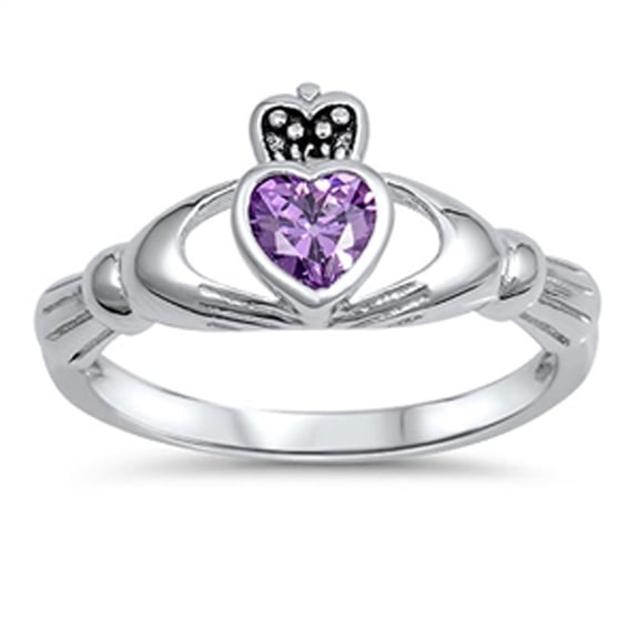 CHOOSE YOUR COLOR Love Simulated Amethyst Heart Claddagh Ring .925 Sterling Silver Band Purple CZ Female Size 4