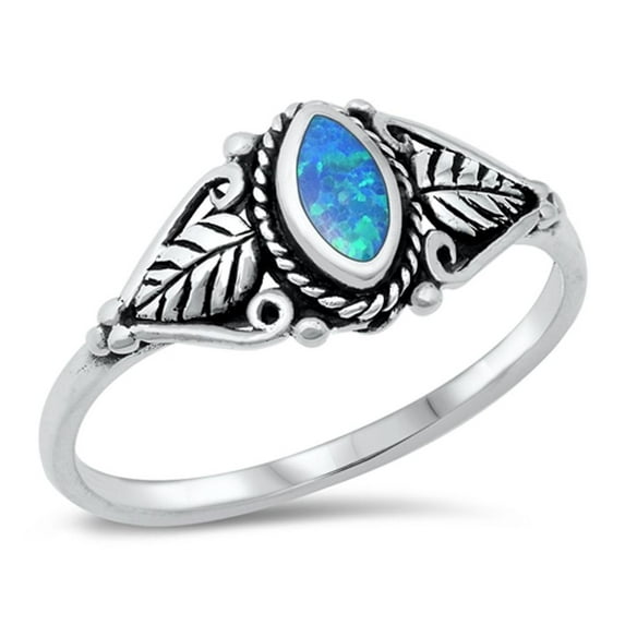 CHOOSE YOUR COLOR Marquise Blue Simulated Opal Ring .925 Sterling Silver Bali Band CZ Female Size 8