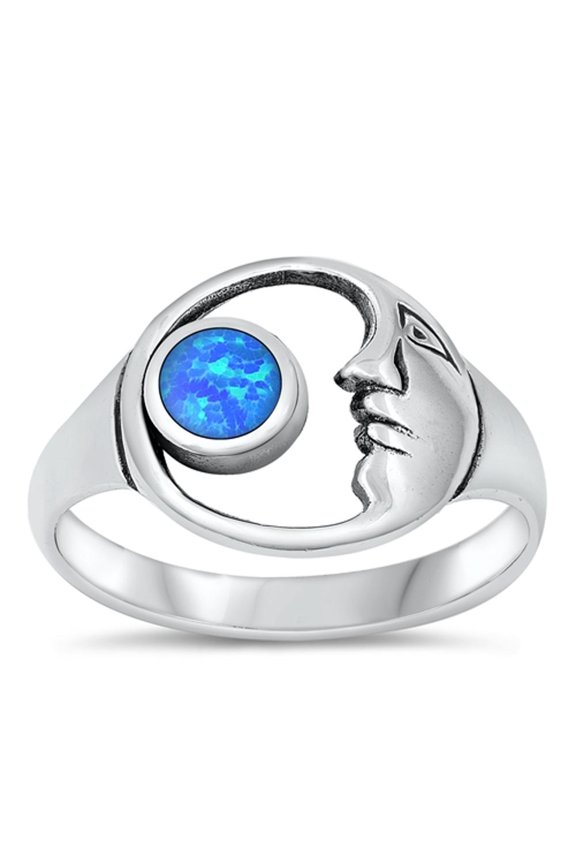 CHOOSE YOUR COLOR Moon Face Blue Simulated Opal Ring .925 Sterling Silver Band CZ Female Size 6