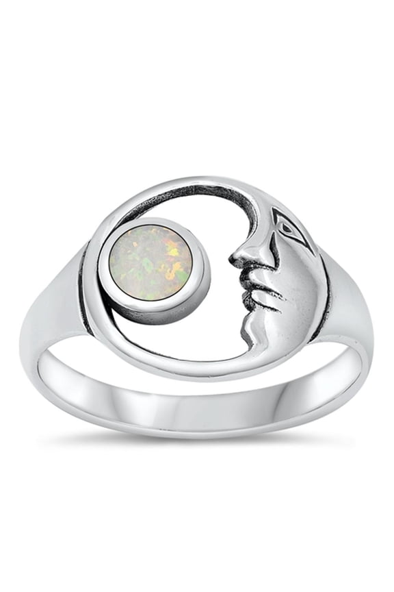 CHOOSE YOUR COLOR Moon Face White Simulated Opal Ring .925 Sterling Silver Band CZ Female Size 8