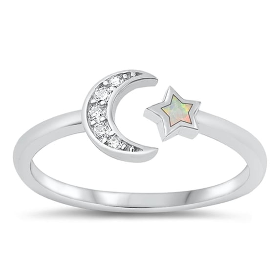 CHOOSE YOUR COLOR Moon & Star White Simulated Opal Ring .925 Sterling Silver Band CZ Female Size 6