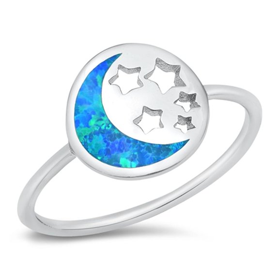 CHOOSE YOUR COLOR Moon Stars Blue Simulated Opal Ring .925 Sterling Silver Band CZ Female Size 6