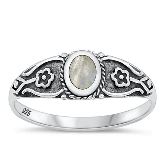CHOOSE YOUR COLOR Moonstone Oxidized Bali Flower Ring 925 Sterling Silver Band White CZ Female Size 10