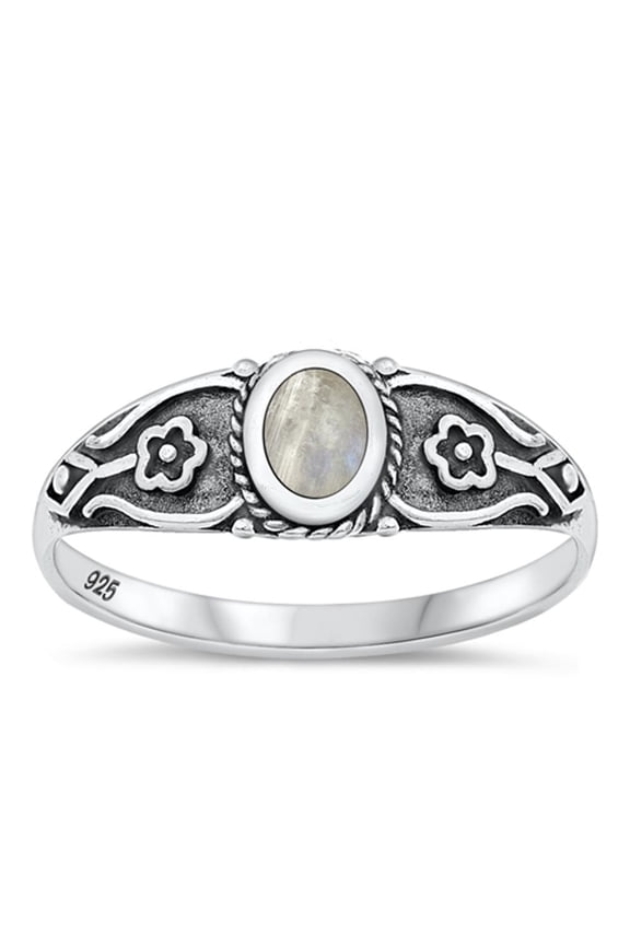 CHOOSE YOUR COLOR Moonstone Oxidized Bali Flower Ring 925 Sterling Silver Band White CZ Female Size 9
