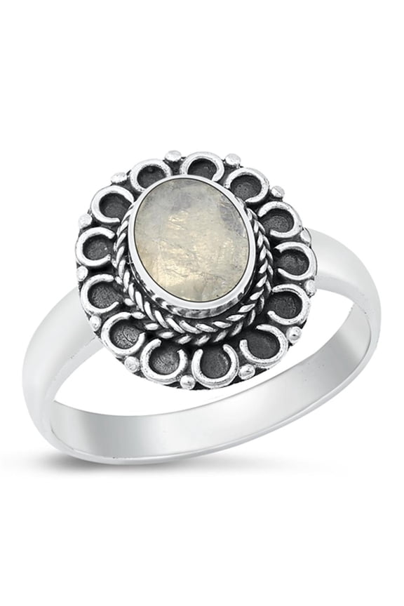CHOOSE YOUR COLOR Moonstone Ring .925 Sterling Silver Bali Flower Band White CZ Female Size 9