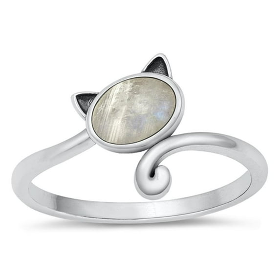 CHOOSE YOUR COLOR Moonstone Ring 925 Sterling Silver Cat Animal Spoon Band White CZ Female Size 4