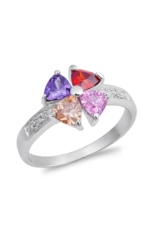 CHOOSE YOUR COLOR Multi-color CZ Colorful Trillion Flower Ring .925 Sterling Silver Band Female Size 5