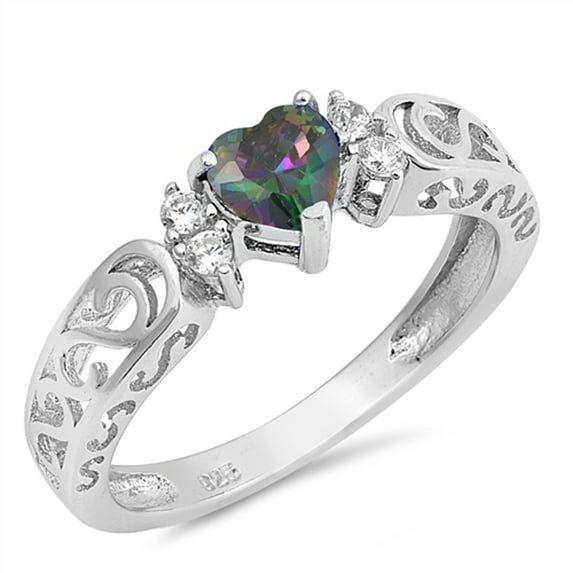 CHOOSE YOUR COLOR Multi-color CZ Filigree Swirl Love Heart Sterling Silver Ring Black Female Size 4