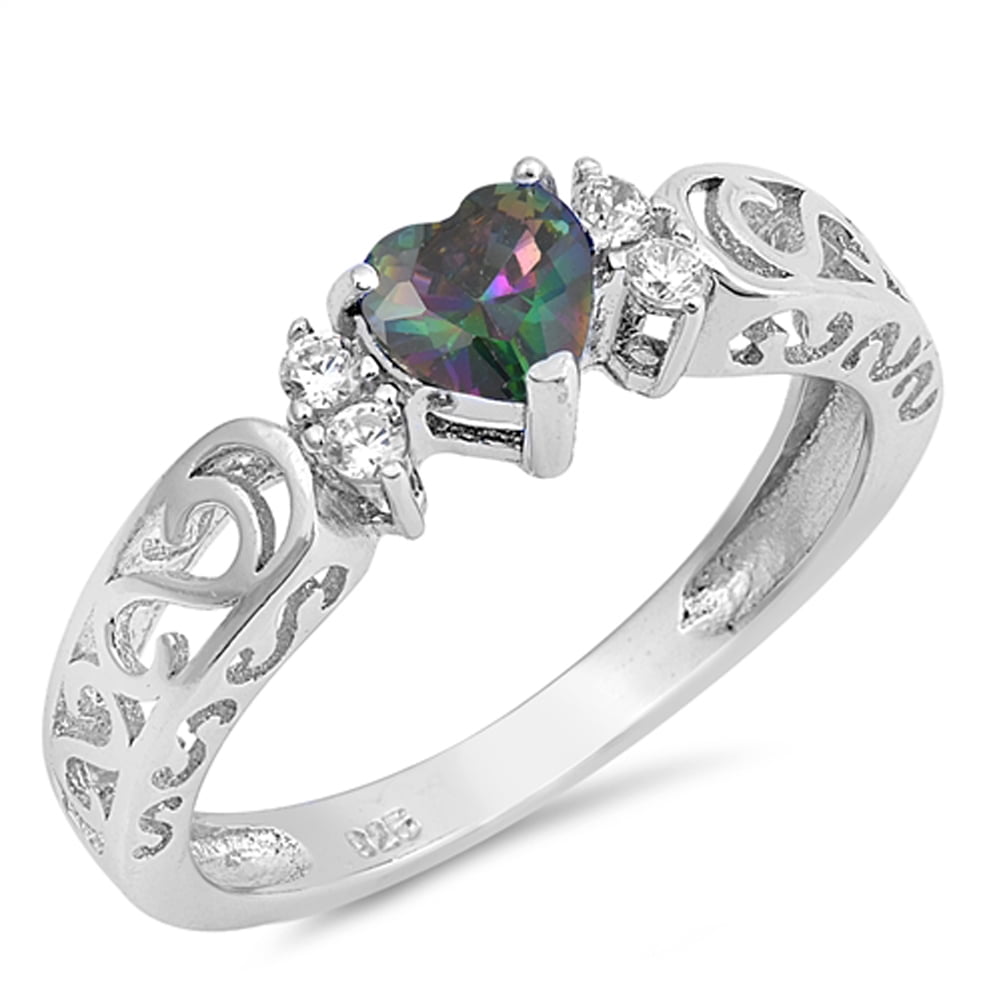 CHOOSE YOUR COLOR Multi-color CZ Filigree Swirl Love Heart Sterling ...