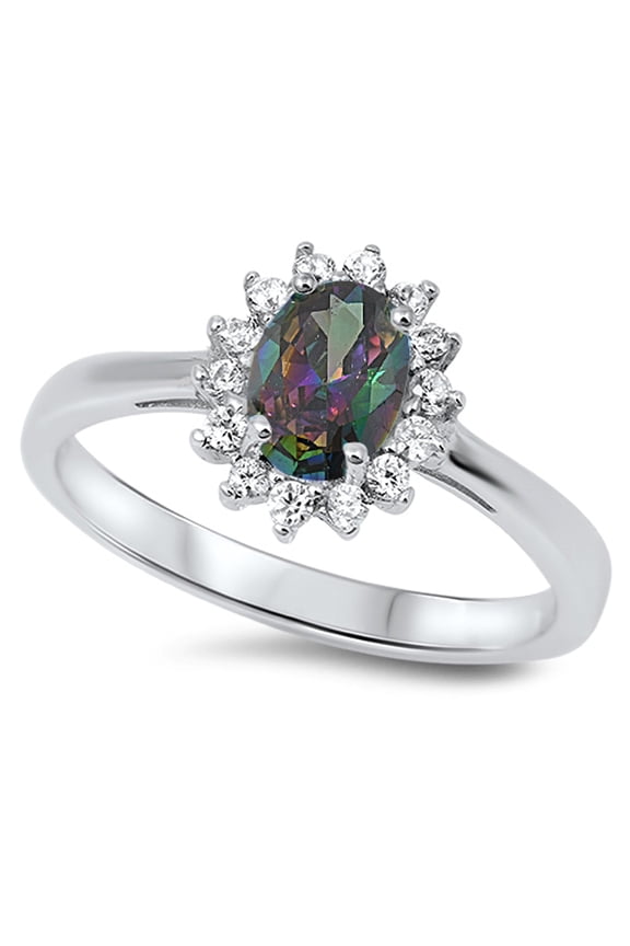CHOOSE YOUR COLOR Multi-color CZ Sun Burst Oval .925 Sterling Silver Band Black Female Size 5