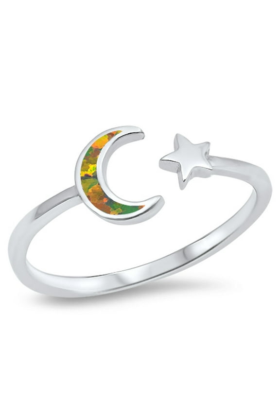 CHOOSE YOUR COLOR Mystic Simulated Opal Open Midi Knuckle Moon Star Sterling Silver Ring Black CZ Female Size 4