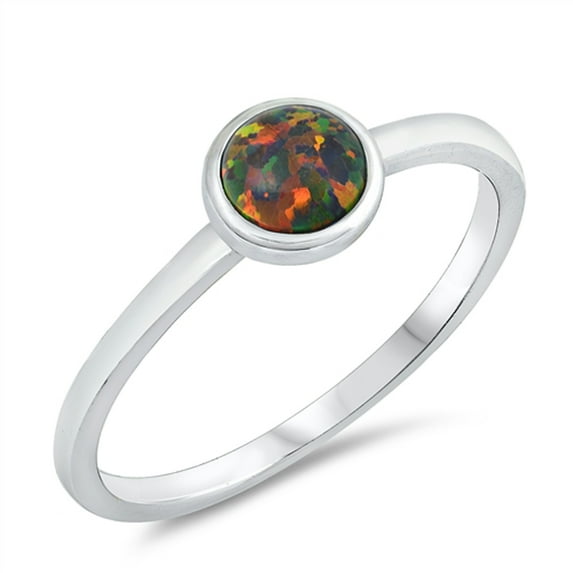 CHOOSE YOUR COLOR Mystic Simulated Opal Round Dainty Boho Ring .925 Sterling Silver Band Black CZ Female Size 7