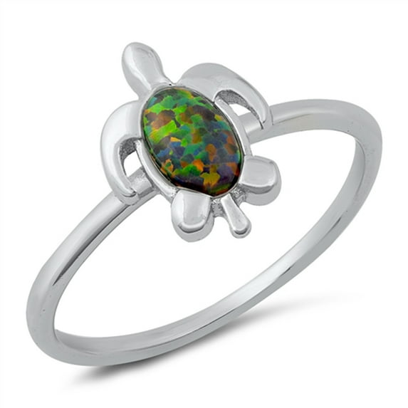 CHOOSE YOUR COLOR Mystic Simulated Opal Sea Turtle Ring .925 Sterling Silver Band Black CZ Female Size 8