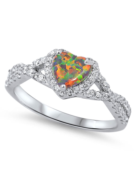 CHOOSE YOUR COLOR Mystic Simulated Opal Twisted Double Shank Heart Ring Sterling Silver Band White CZ Female Size 10