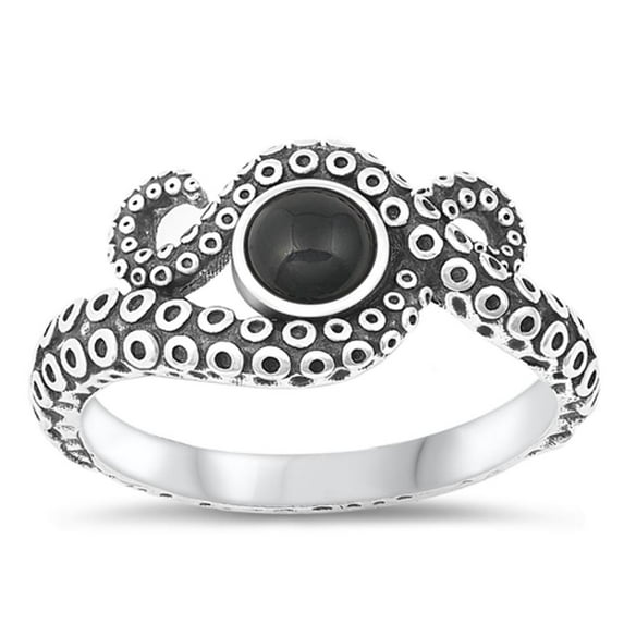 CHOOSE YOUR COLOR Octopus Simulated Black Onyx Ring .925 Sterling Silver Band CZ Female Size 10