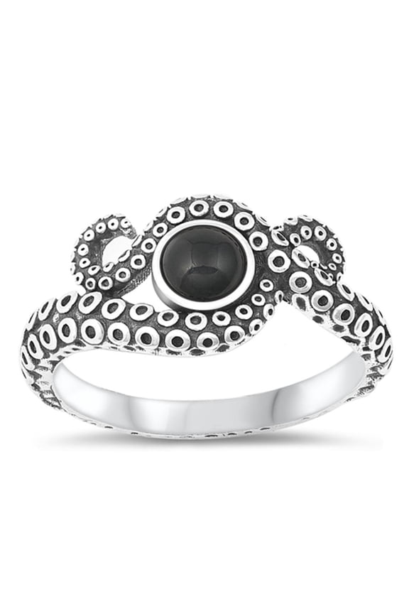 CHOOSE YOUR COLOR Octopus Simulated Black Onyx Ring .925 Sterling Silver Band CZ Female Size 7