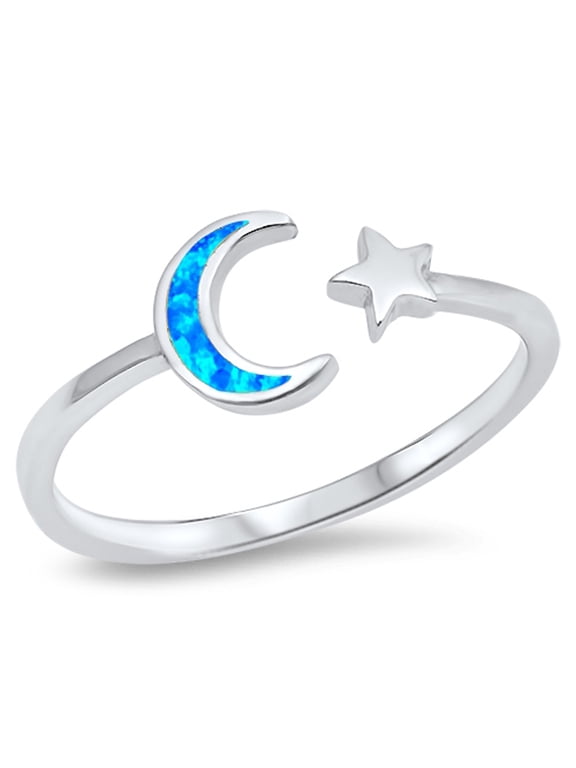 CHOOSE YOUR COLOR Open Moon Star Blue Simulated Opal Ring .925 Sterling Silver Band CZ Female Size 7