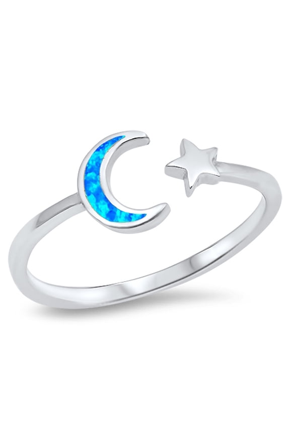 CHOOSE YOUR COLOR Open Moon Star Blue Simulated Opal Ring .925 Sterling Silver Band CZ Female Size 8