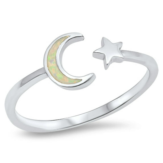 CHOOSE YOUR COLOR Open Moon Star White Simulated Opal Ring .925 Sterling Silver Band CZ Female Size 7