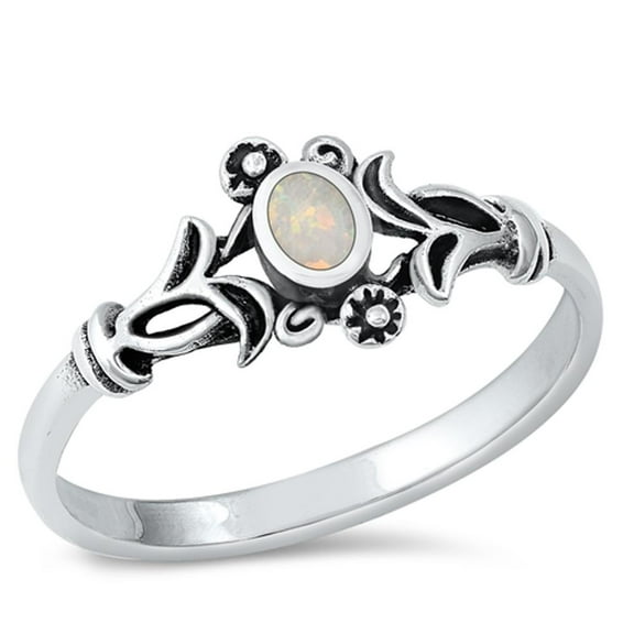 CHOOSE YOUR COLOR Ornate White Simulated Opal Ring .925 Sterling Silver Band CZ Female Size 9