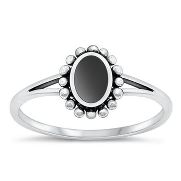 CHOOSE YOUR COLOR Oval Black Simulated Agate Chic Bali Ring .925 Sterling Silver Band CZ Female Size 9
