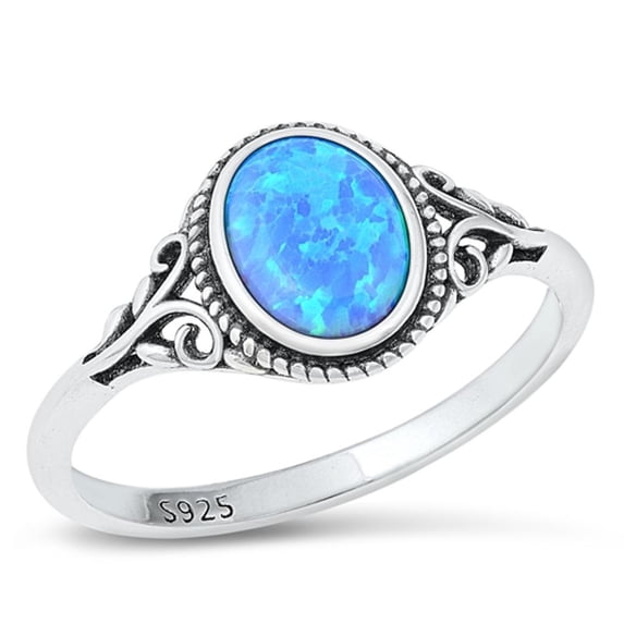 CHOOSE YOUR COLOR Oval Blue Simulated Opal Bali Promise Ring .925 Sterling Silver Band CZ Female Size 10