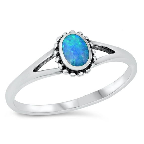 CHOOSE YOUR COLOR Oval Blue Simulated Opal Bali Promise Ring .925 Sterling Silver Band CZ Female Size 6