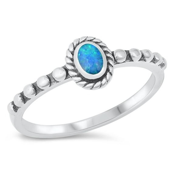 CHOOSE YOUR COLOR Oval Blue Simulated Opal Bali Ring .925 Sterling Silver Band CZ Female Size 7