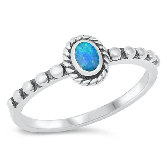 CHOOSE YOUR COLOR Oval Blue Simulated Opal Bali Ring .925 Sterling Silver Band CZ Female Size 8