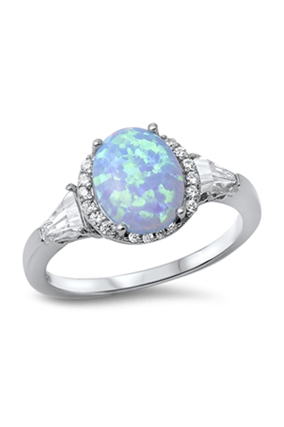 CHOOSE YOUR COLOR Oval Blue Simulated Opal Halo White CZ Promise Ring .925 Sterling Silver Female Size 5
