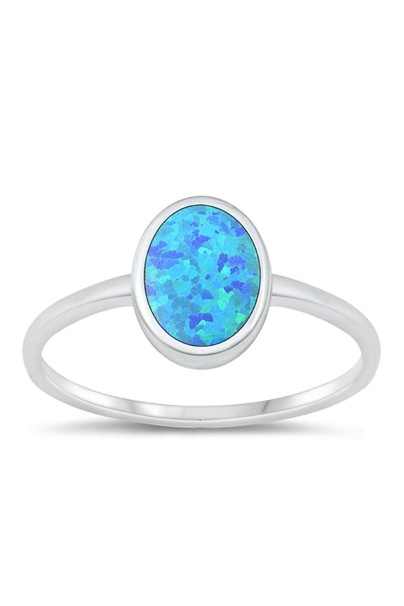 CHOOSE YOUR COLOR Oval Blue Simulated Opal Ring .925 Sterling Silver Band CZ Female Size 5