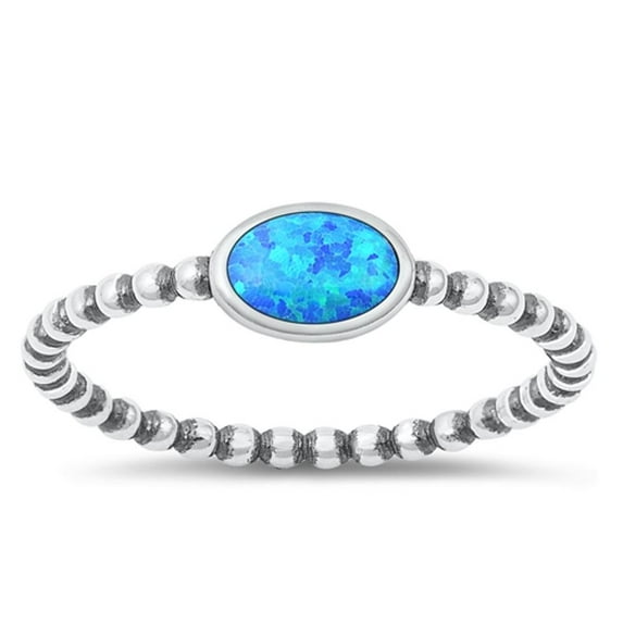 CHOOSE YOUR COLOR Oval Blue Simulated Opal Ring .925 Sterling Silver Minimalist Band CZ Female Size 6