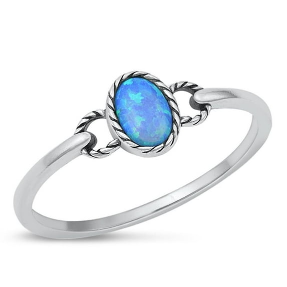 CHOOSE YOUR COLOR Oval Blue Simulated Opal Rope Ring .925 Sterling Silver Band CZ Female Size 10