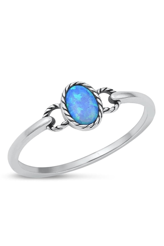 CHOOSE YOUR COLOR Oval Blue Simulated Opal Rope Ring .925 Sterling Silver Band CZ Female Size 4