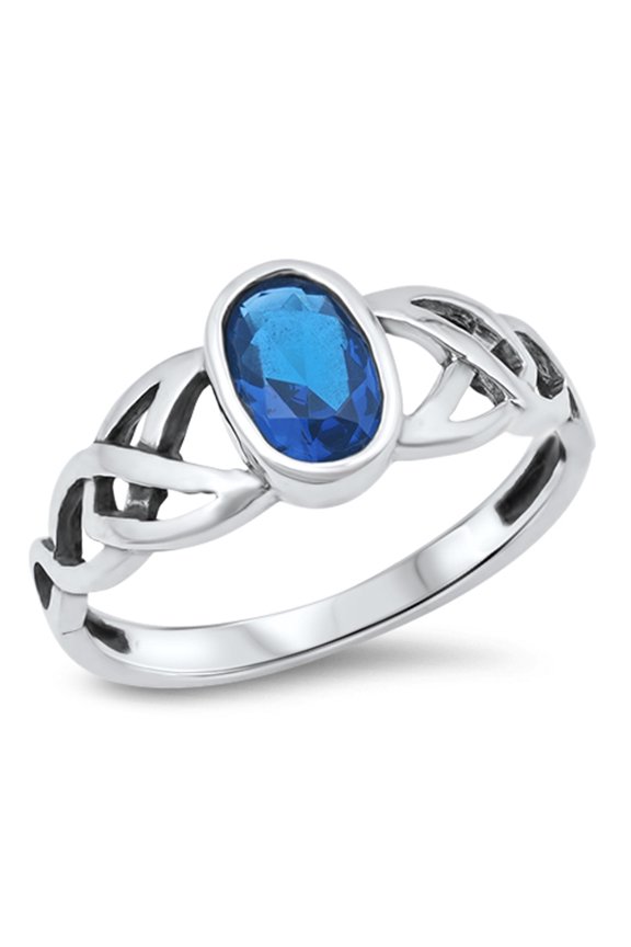 CHOOSE YOUR COLOR Oval Blue Simulated Sapphire Celtic Knot Ring .925 Sterling Silver Band CZ Female Size 10