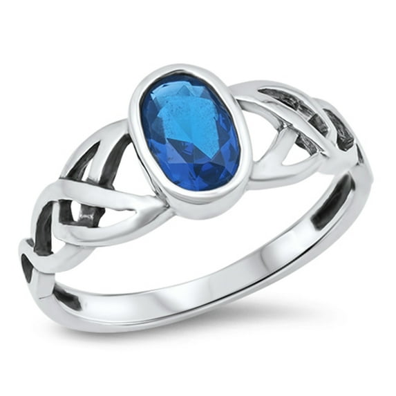 CHOOSE YOUR COLOR Oval Blue Simulated Sapphire Celtic Knot Ring .925 Sterling Silver Band CZ Female Size 5