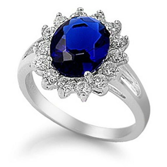 CHOOSE YOUR COLOR Oval Blue Simulated Sapphire Flower Halo Ring .925 Sterling Silver Band CZ Female Size 9