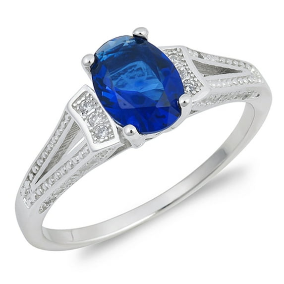 CHOOSE YOUR COLOR Oval Blue Simulated Sapphire Vintage Bridal Engagement Sterling Silver Ring CZ Female Size 5