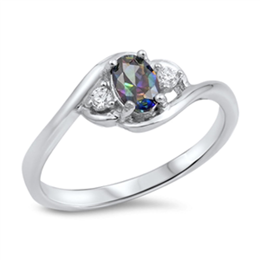 Sterling Silver Vintage Oval Ring With White Simulated Opal & CZ - Size 7