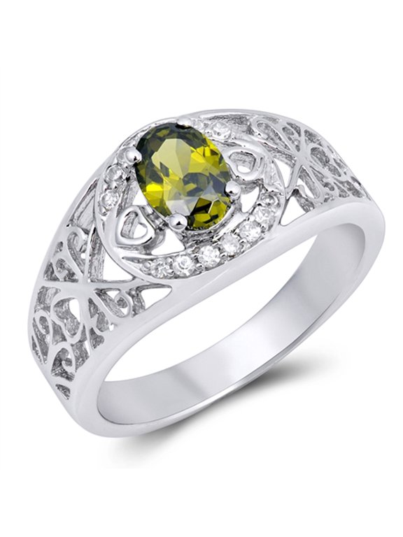 CHOOSE YOUR COLOR Oval Olive CZ Filigree Heart Cutout Ring 925 Sterling Silver Band Green Female Size 4