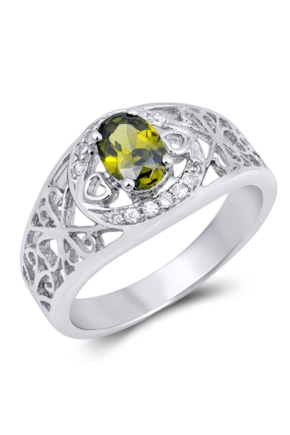 CHOOSE YOUR COLOR Oval Olive CZ Filigree Heart Cutout Ring 925 Sterling Silver Band Green Female Size 5