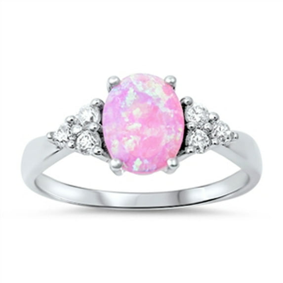 CHOOSE YOUR COLOR Oval Pink Simulated Opal Clear CZ Cluster Ring 925 Sterling Silver Band White Female Size 7