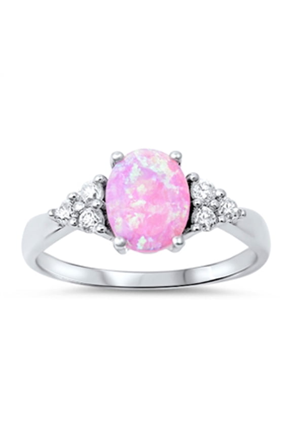 CHOOSE YOUR COLOR Oval Pink Simulated Opal Clear CZ Cluster Ring 925 Sterling Silver Band White Female Size 8