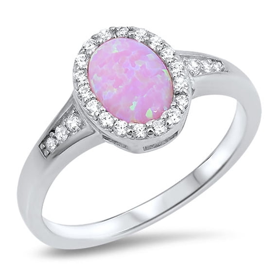 CHOOSE YOUR COLOR Oval Pink Simulated Opal Halo Bride Ring .925 Sterling Silver Band White CZ Female Size 7