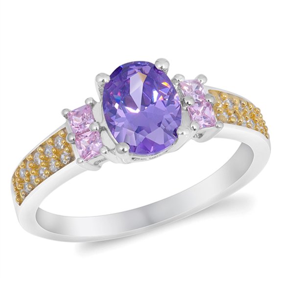 CHOOSE YOUR COLOR Oval Simulated Amethyst Gold-Tone Colorful Ring 925 Sterling Silver Band Purple CZ Female Size 7