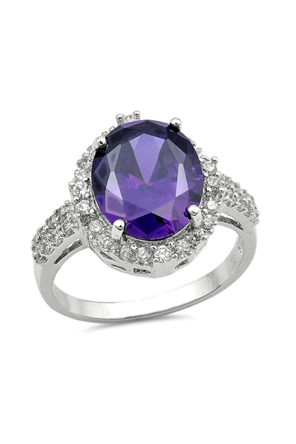 CHOOSE YOUR COLOR Oval Simulated Amethyst Halo Ring .925 Sterling Silver Band Purple CZ Female Size 8