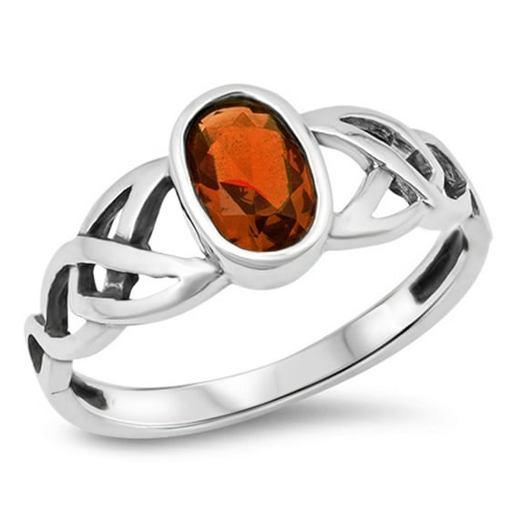 CHOOSE YOUR COLOR Oval Simulated Garnet Celtic Knot Ring .925 Sterling Silver Band Red CZ Female Size 6