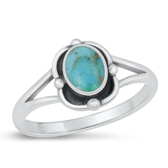 CHOOSE YOUR COLOR Oval Simulated Turquoise Oxidized Ring .925 Sterling Silver Band Blue CZ Female Size 5