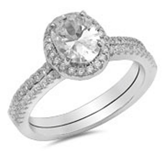 CHOOSE YOUR COLOR Oval White CZ Halo Wedding Ring Set .925 Sterling Silver Band Female Size 9